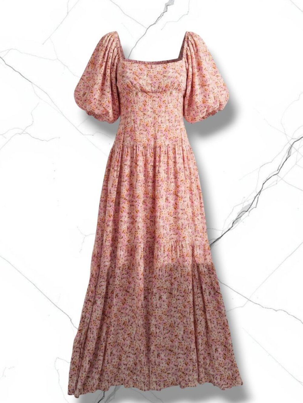 Minkpink Pastel Floral Smocked Open Back Puff Sleeve Maxi Dress S